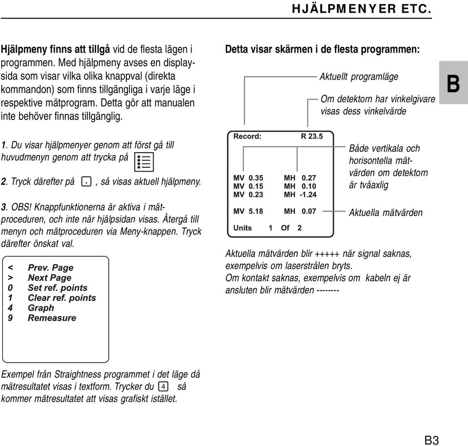 Detta gör att manualen inte behöver finnas tillgänglig. Detta visar skärmen i de flesta programmen: Aktuellt programläge Om detektorn har vinkelgivare visas dess vinkelvärde B 1.