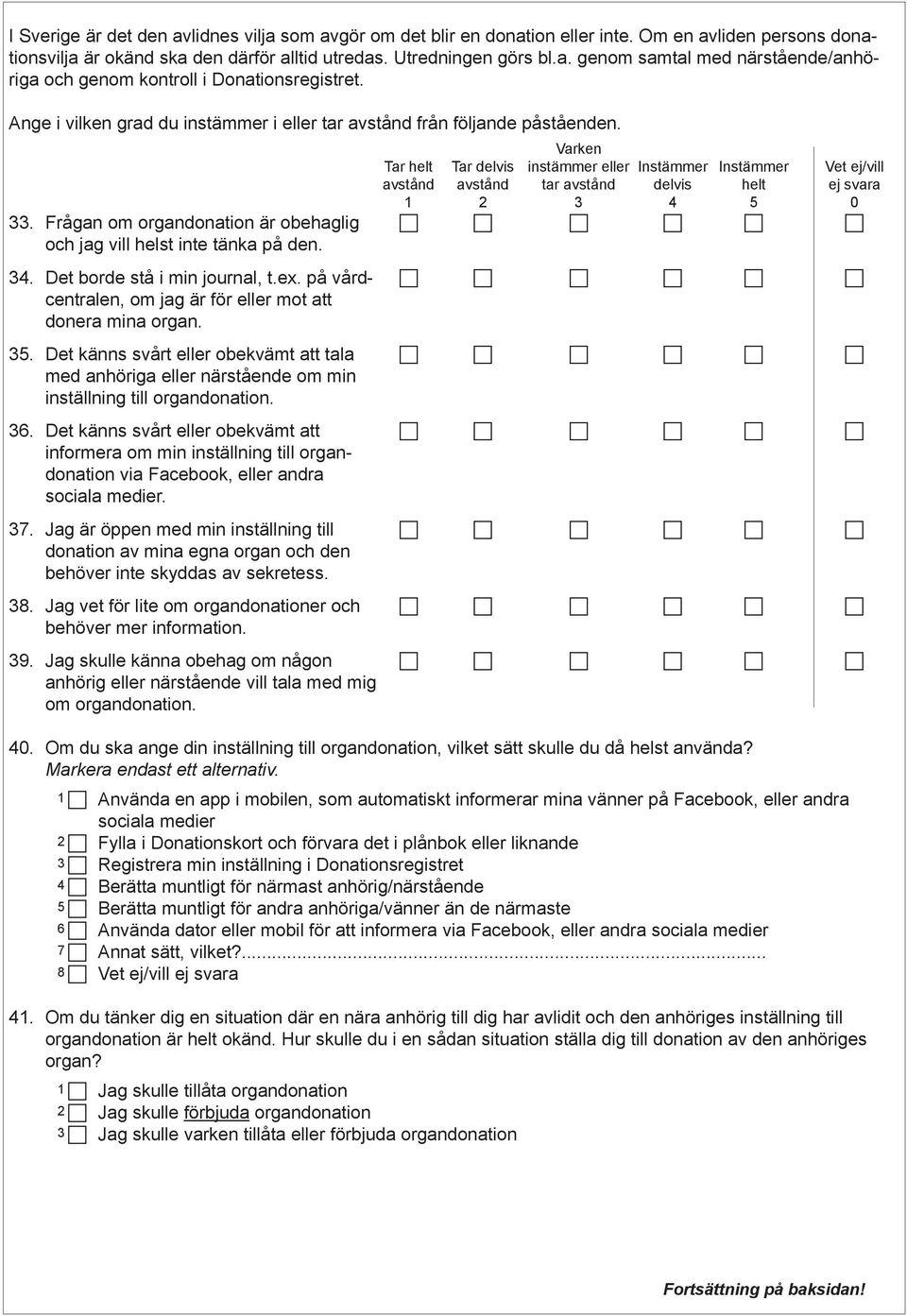 Frågan om organdonation är obehaglig och jag vill helst inte tänka på den. 34. Det borde stå i min journal, t.ex. på vård- centralen, om jag är för eller mot att donera mina organ. 35.