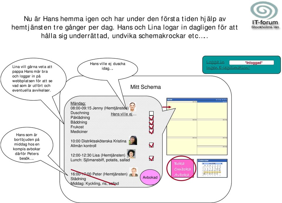 Mitt Schema Logga in *Inloggad* Ingen E-legitimation? Hans som är bortbjuden på middag hos en kompis avbokar därför Peters besök.