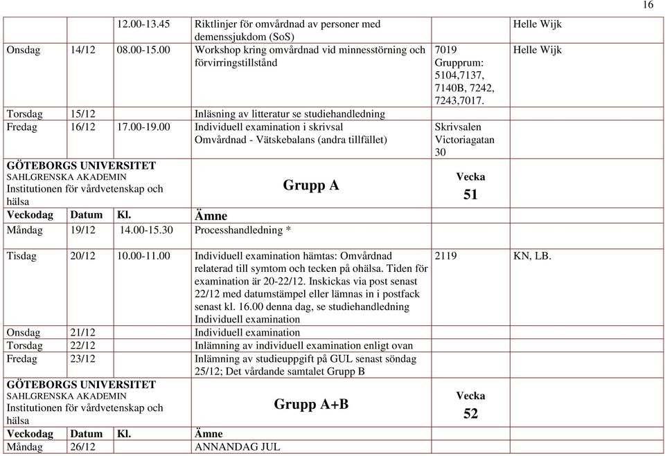 00 Individuell examination i skrivsal Omvårdnad - Vätskebalans (andra tillfället) Måndag 19/12 14.00-15.30 Processhandledning * Grupp A 7019 5104,7137, 7140B, 7242, 7243,7017.