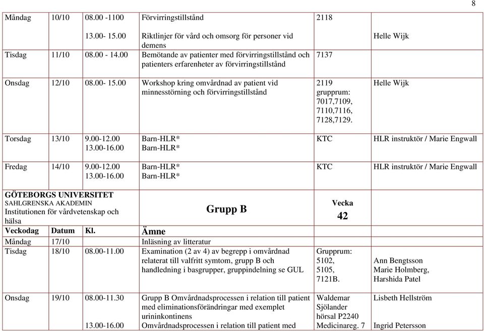 00 Workshop kring omvårdnad av patient vid minnesstörning och förvirringstillstånd 7137 2119 grupprum: 7017,7109, 7110,7116, 7128,7129. Helle Wijk Helle Wijk Torsdag 13/10 9.00-12.