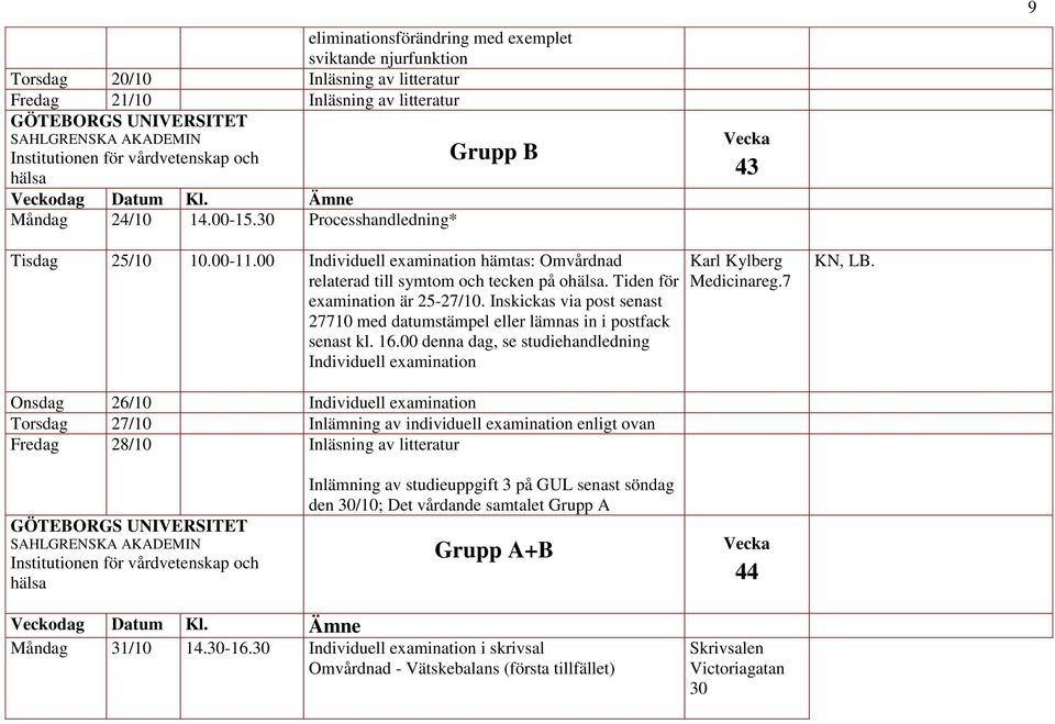 Inskickas via post senast 27710 med datumstämpel eller lämnas in i postfack senast kl. 16.00 denna dag, se studiehandledning Individuell examination Karl Kylberg Medicinareg.7 KN, LB.