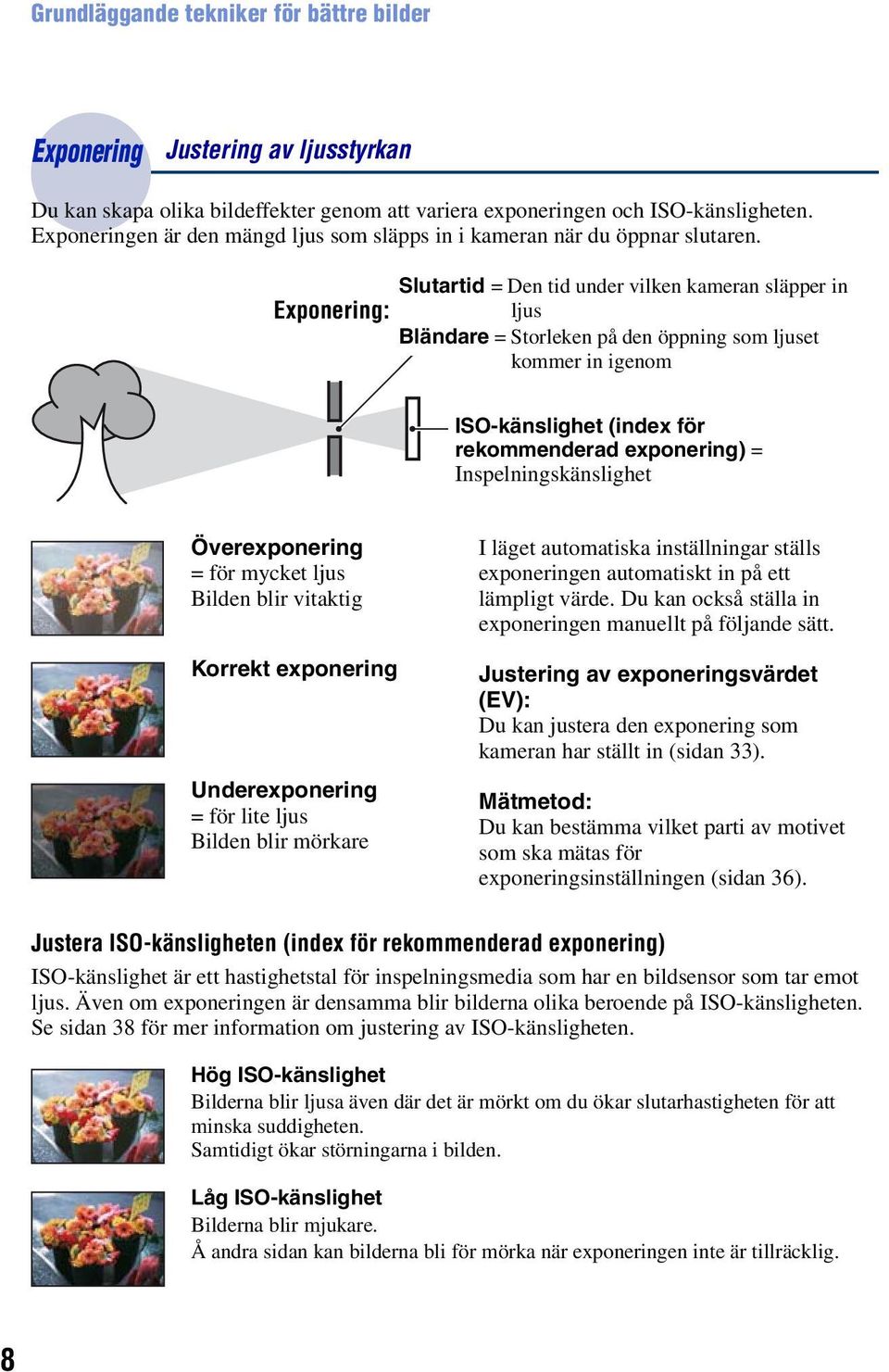 Slutartid = Den tid under vilken kameran släpper in Exponering: ljus Bländare = Storleken på den öppning som ljuset kommer in igenom ISO-känslighet (index för rekommenderad exponering) =