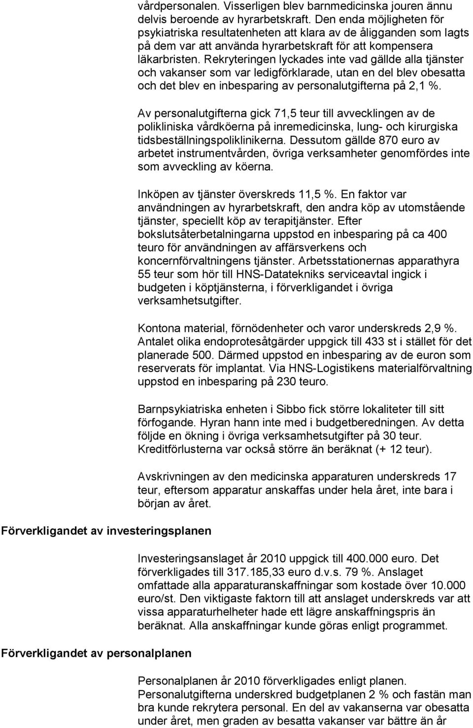 Rekryteringen lyckades inte vad gällde alla tjänster och vakanser som var ledigförklarade, utan en del blev obesatta och det blev en inbesparing av personalutgifterna på 2,1 %.