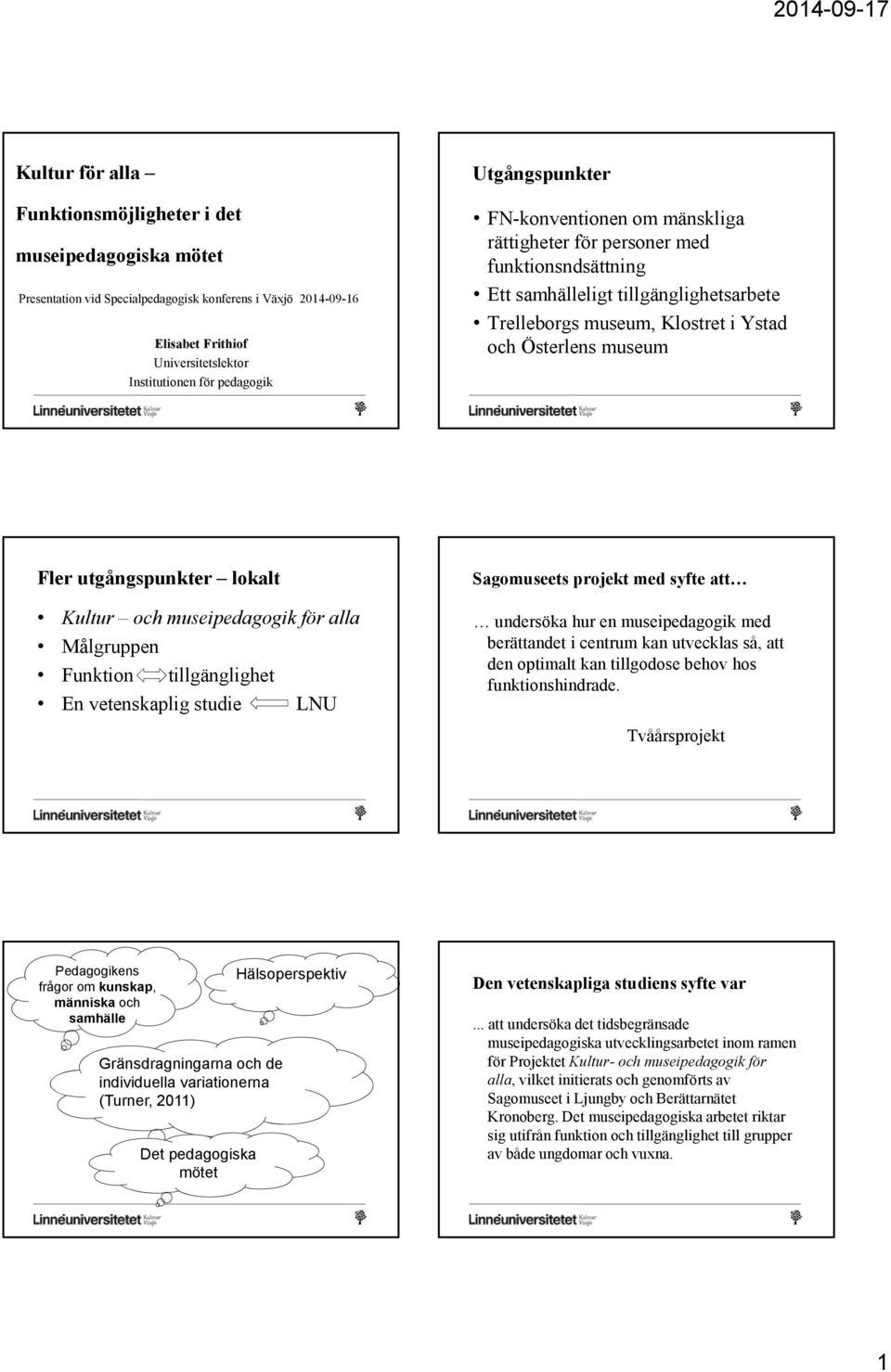 utgångspunkter lokalt Kultur och museipedagogik för alla Målgruppen Funktion tillgänglighet En vetenskaplig studie LNU Sagomuseets projekt med syfte att undersöka hur en museipedagogik med