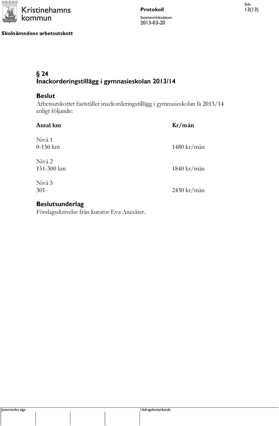 2013/14 enligt följande: Antal km Kr/mån Nivå 1 0-150 km 1480 kr/mån Nivå