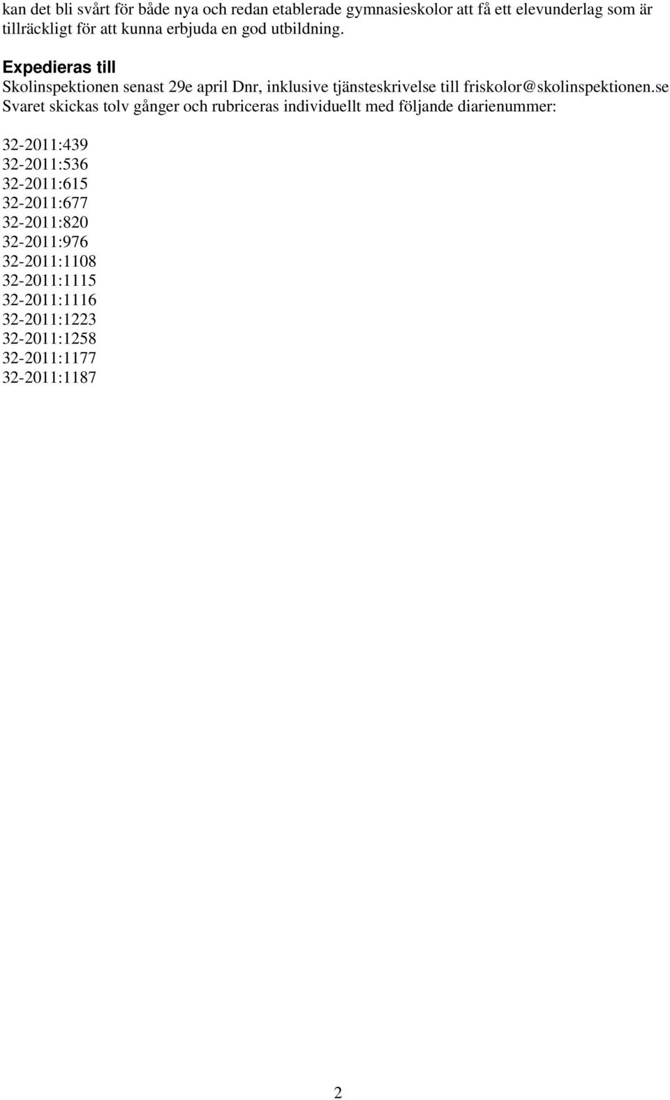 Expedieras till Skolinspektionen senast 29e april Dnr, inklusive tjänsteskrivelse till friskolor@skolinspektionen.