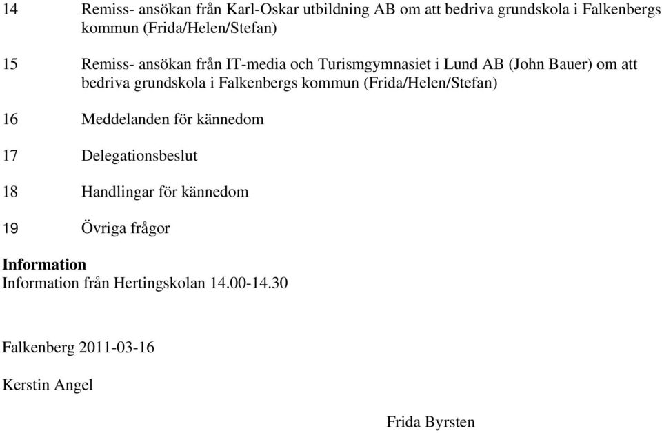 grundskola i Falkenbergs kommun (Frida/Helen/Stefan) 16 Meddelanden för kännedom 17 Delegationsbeslut 18