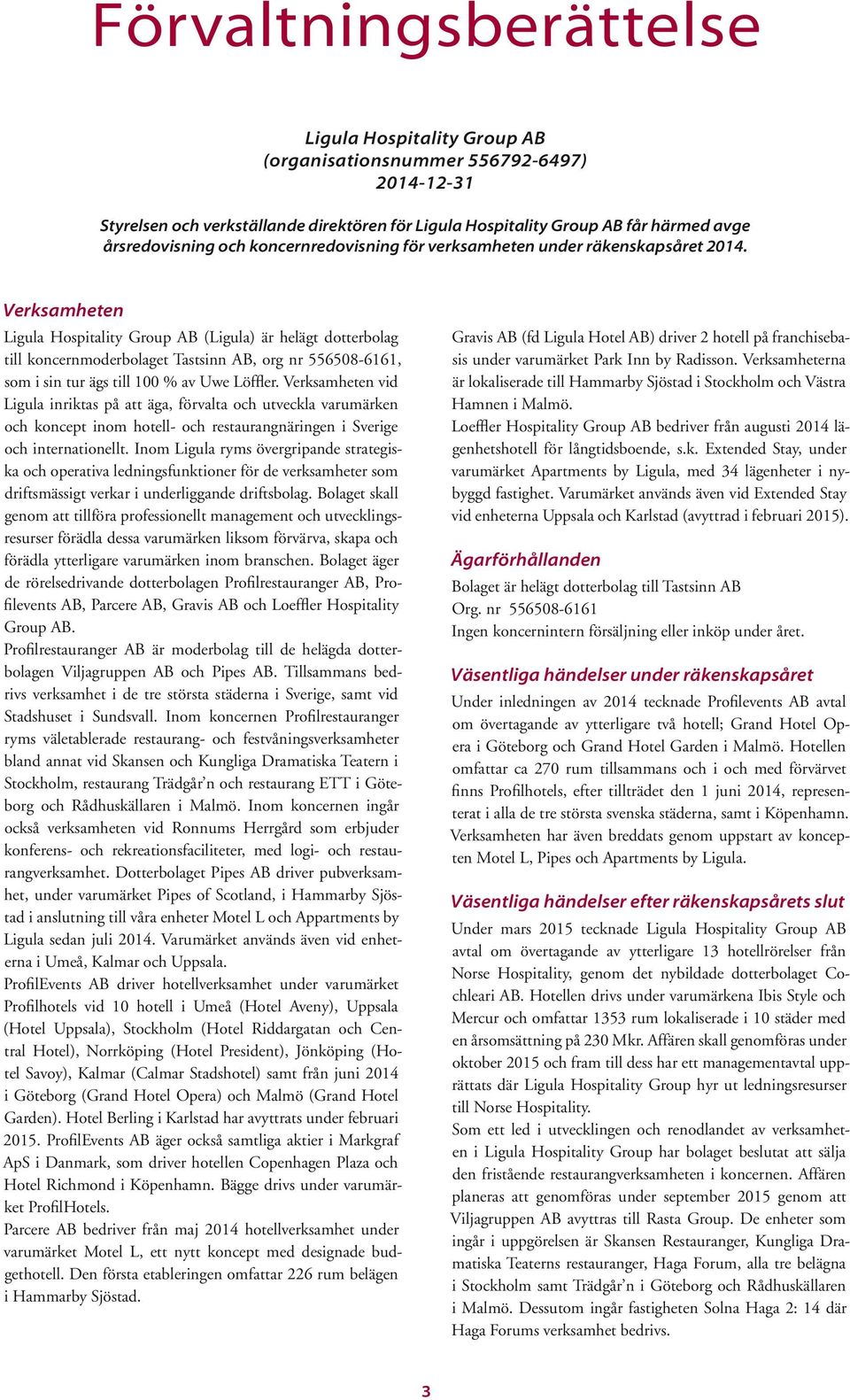 Verksamheten Ligula Hospitality Group AB (Ligula) är helägt dotterbolag till koncernmoderbolaget Tastsinn AB, org nr 556508-6161, som i sin tur ägs till 100 % av Uwe Löffler.