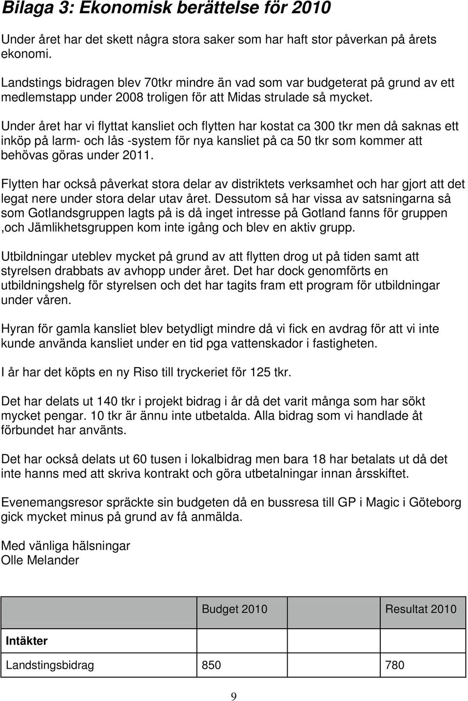 Under året har vi flyttat kansliet och flytten har kostat ca 300 tkr men då saknas ett inköp på larm- och lås -system för nya kansliet på ca 50 tkr som kommer att behövas göras under 2011.