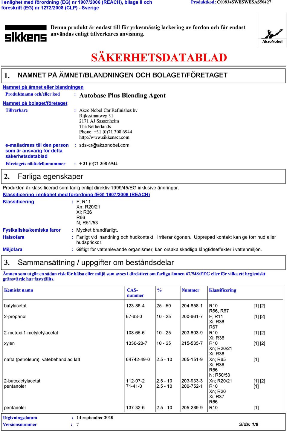 NAMNET PÅ ÄMNET/BLANDNINGEN OCH BOLAGET/FÖRETAGET Namnet på ämnet eller blandningen Produktnamn och/eller kod Namnet på bolaget/företaget Tillverkare e-mailadress till den person som är ansvarig för