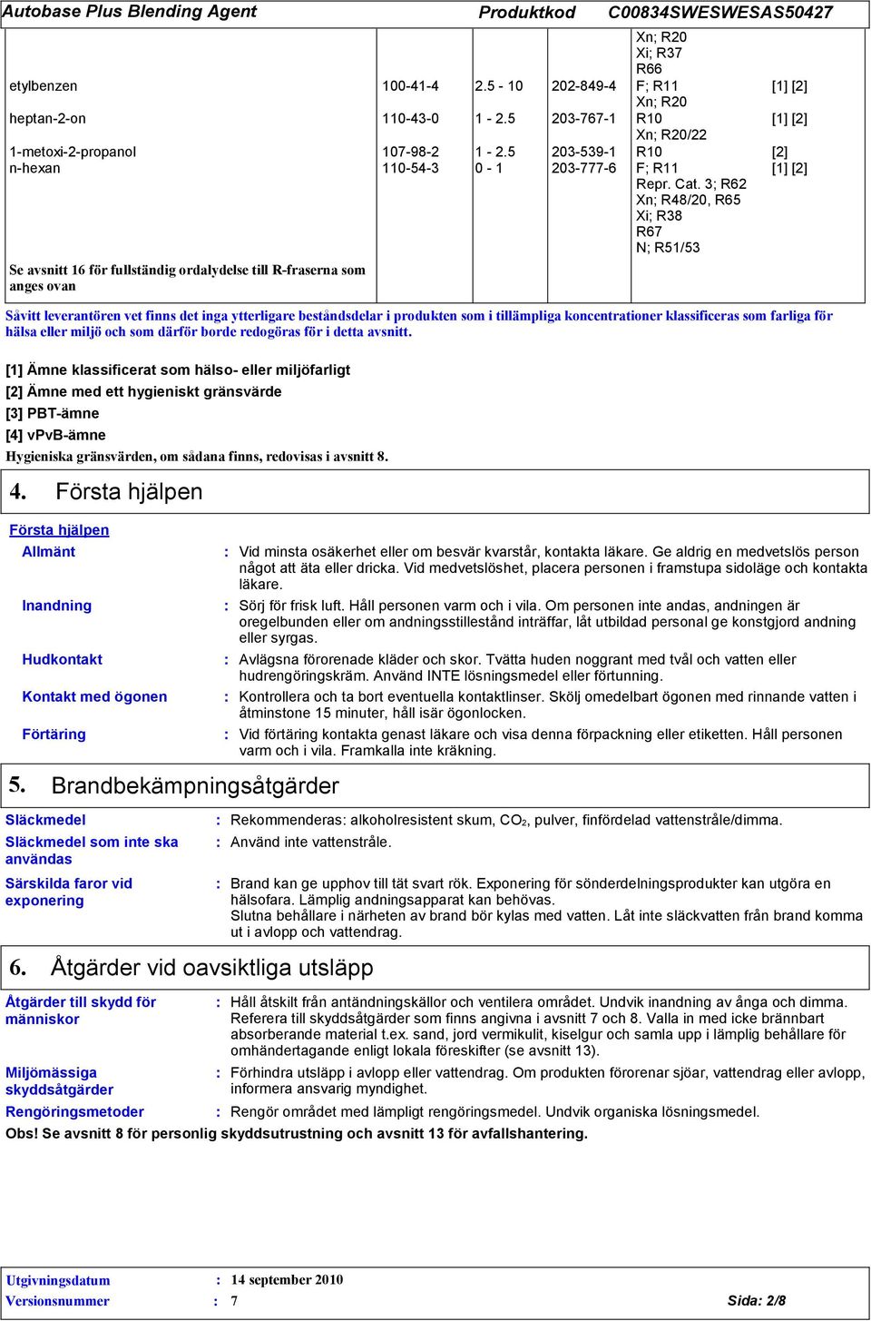 ; R62 Xn; R48/20, R65 Xi; R8 R67 N; R51/5 Se avsnitt 16 för fullständig ordalydelse till R-fraserna som anges ovan Såvitt leverantören vet finns det inga ytterligare beståndsdelar i produkten som i