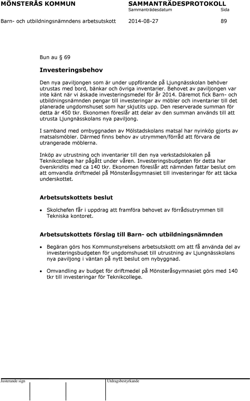 Däremot fick Barn- och utbildningsnämnden pengar till investeringar av möbler och inventarier till det planerade ungdomshuset som har skjutits upp. Den reserverade summan för detta är 450 tkr.