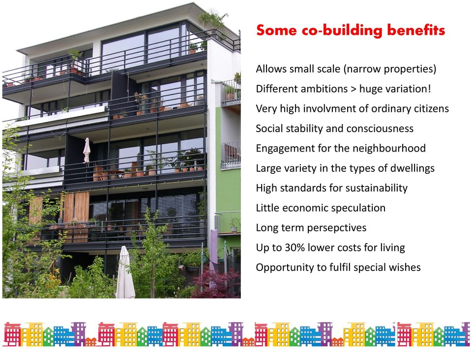 neighbourhood Large variety in the types of dwellings High standards for sustainability Little