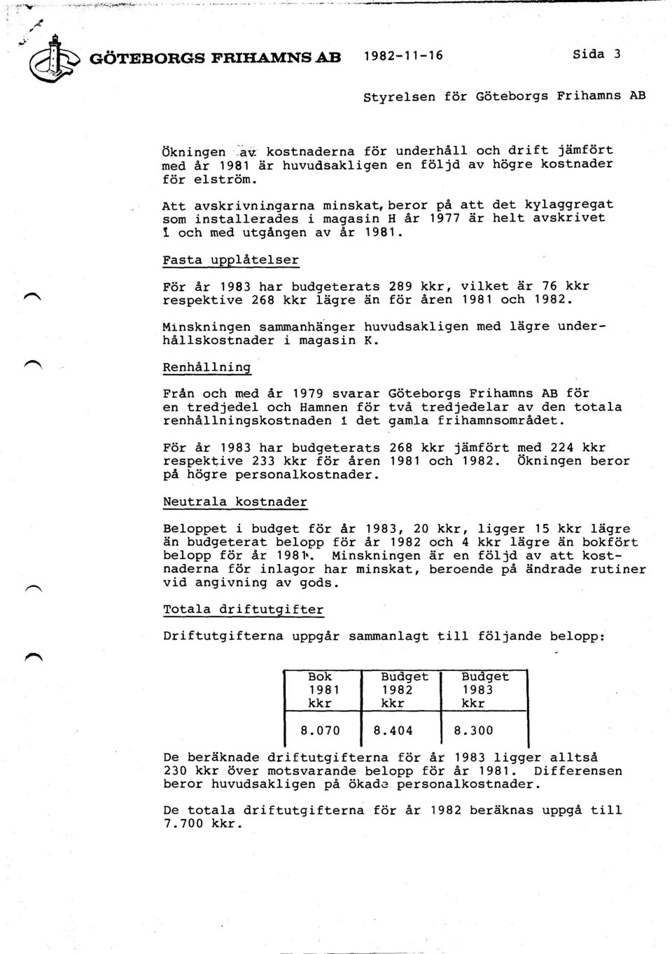 Att avskrivningarna minskat, beror på att det kylaggregat som installerades i magasin H år 1977 är helt avskrivet 1 och med utgången av år 1981.