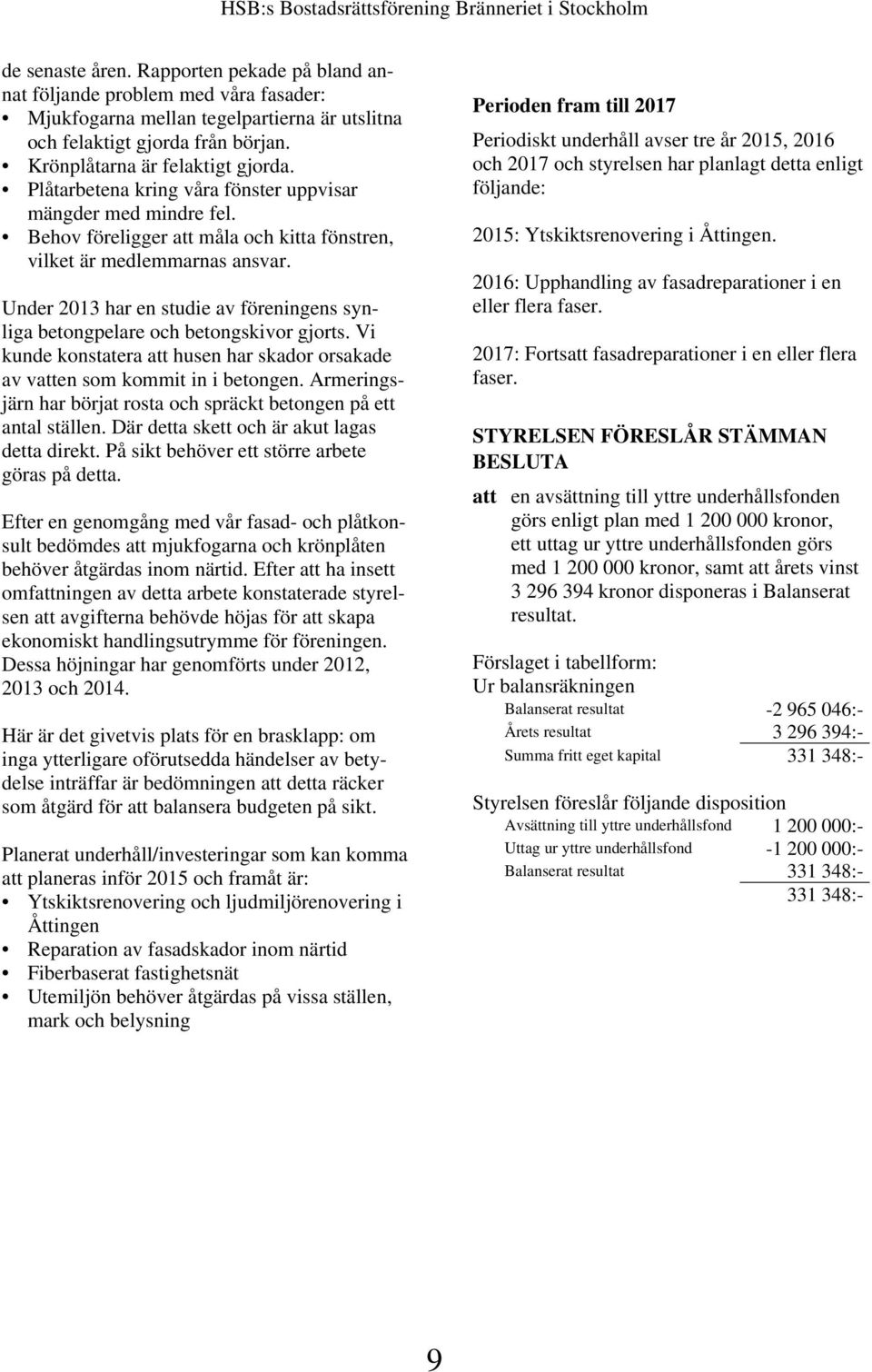 Under 2013 har en studie av föreningens synliga betongpelare och betongskivor gjorts. Vi kunde konstatera att husen har skador orsakade av vatten som kommit in i betongen.