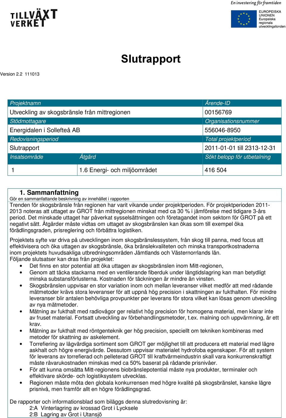 Slutrapport 2011-01-01 till 2313-12-31 Insatsområde Åtgärd Sökt belopp för utbetalning 1 1.6 Energi- och miljöområdet 416 504 1.