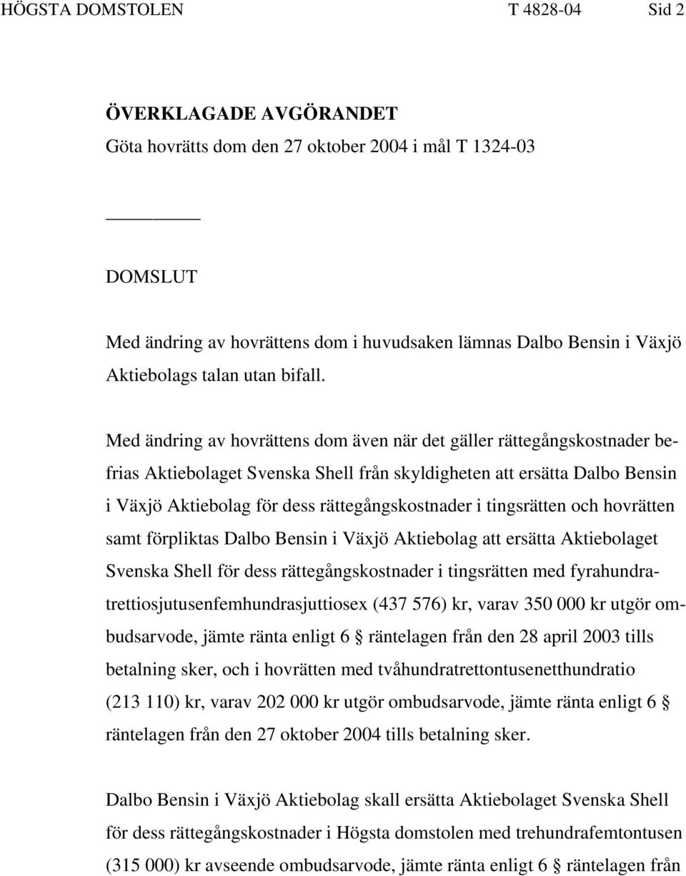 Med ändring av hovrättens dom även när det gäller rättegångskostnader befrias Aktiebolaget Svenska Shell från skyldigheten att ersätta Dalbo Bensin i Växjö Aktiebolag för dess rättegångskostnader i