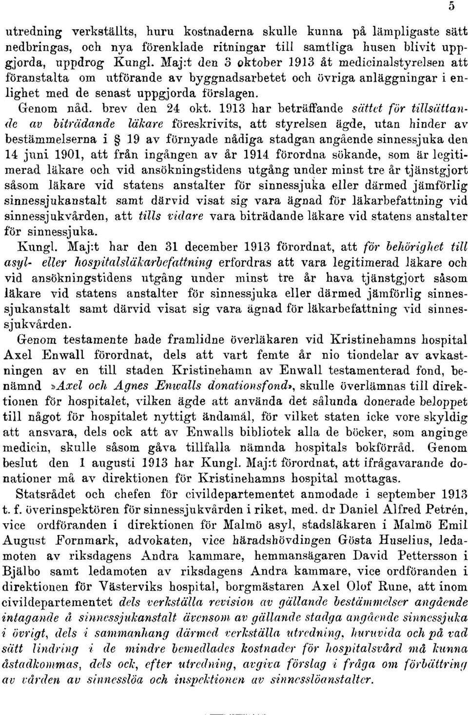 1913 har beträffande sättet för tillsättande av biträdande läkare föreskrivits, att styrelsen ägde, utan hinder av bestämmelserna i 19 av förnyade nådiga stadgan angående sinnessjuka den 14 juni