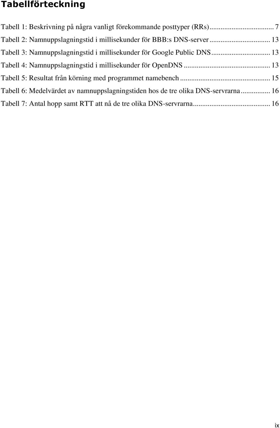 .. 13 Tabell 3: Namnuppslagningstid i millisekunder för Google Public DNS.