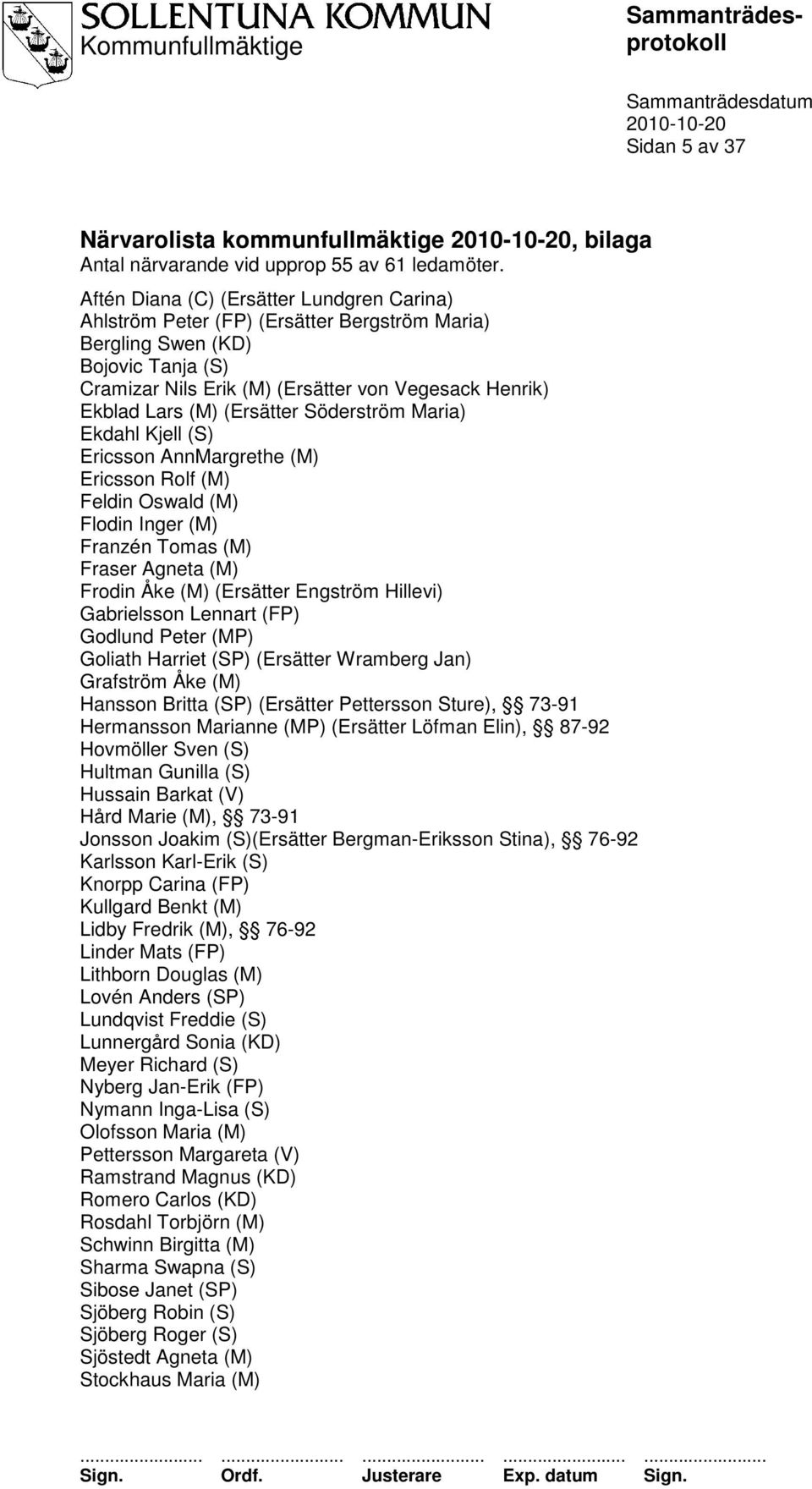 (Ersätter Söderström Maria) Ekdahl Kjell (S) Ericsson AnnMargrethe (M) Ericsson Rolf (M) Feldin Oswald (M) Flodin Inger (M) Franzén Tomas (M) Fraser Agneta (M) Frodin Åke (M) (Ersätter Engström