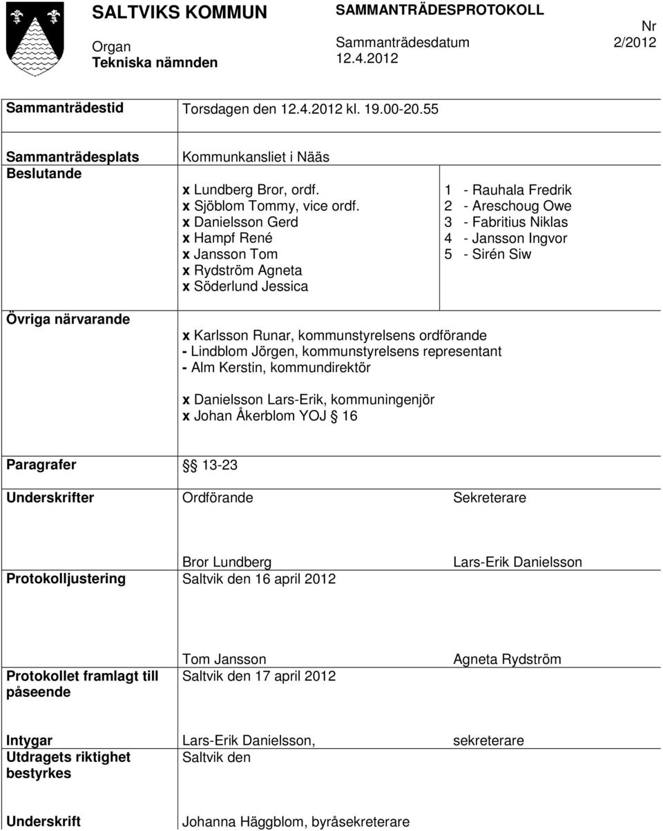 Karlsson Runar, kommunstyrelsens ordförande - Lindblom Jörgen, kommunstyrelsens representant - Alm Kerstin, kommundirektör x Danielsson Lars-Erik, kommuningenjör x Johan Åkerblom YOJ 16 Paragrafer