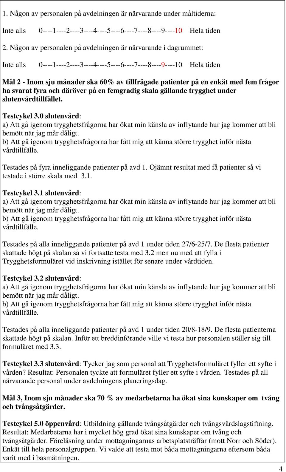 enkät med fem frågor ha svarat fyra och däröver på en femgradig skala gällande trygghet under slutenvårdtillfället. Testcykel 3.