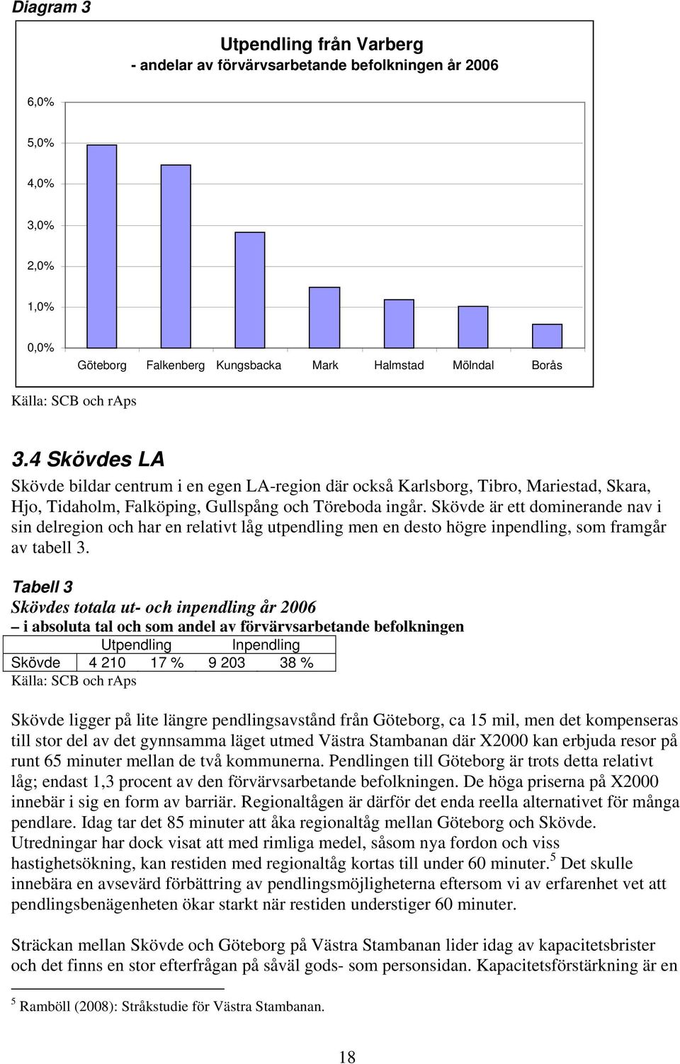 Skövde är ett dominerande nav i sin delregion och har en relativt låg utpendling men en desto högre inpendling, som framgår av tabell 3.