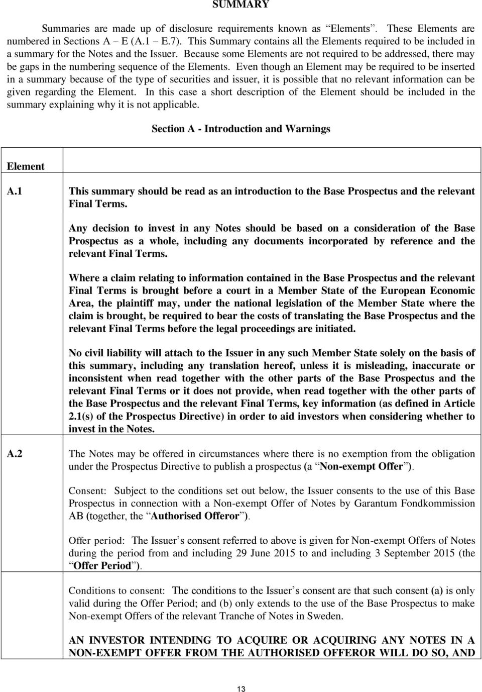 Because some Elements are not required to be addressed, there may be gaps in the numbering sequence of the Elements.