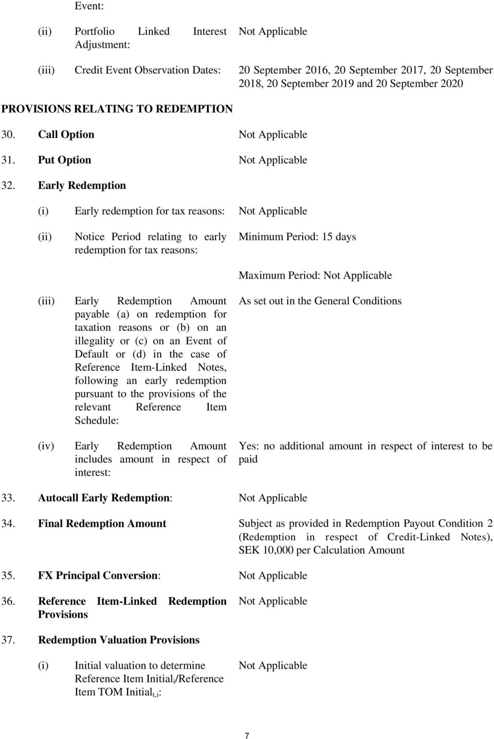 Early Redemption (i) Early redemption for tax reasons: (ii) Notice Period relating to early redemption for tax reasons: Minimum Period: 15 days Maximum Period: (iii) Early Redemption Amount payable