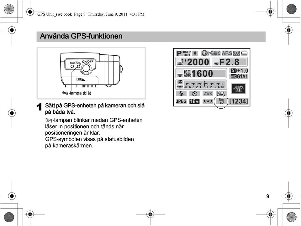 AUTO AF.S 2.8 +1.0 G1A1 F 1 -lampa (blå) Sätt på GPS-enheten på kameran och slå på båda två.