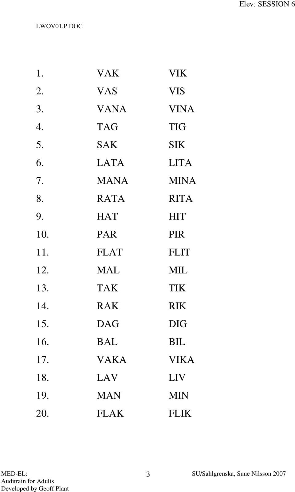 PAR PIR 11. FLAT FLIT 12. MAL MIL 13. TAK TIK 14. RAK RIK 15.