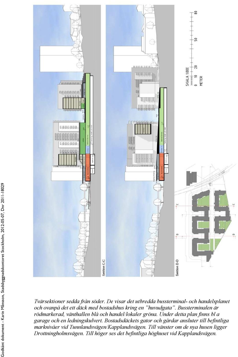 Bussterminalen är rödmarkerad, vänthallen blå och handel/lokaler gröna.