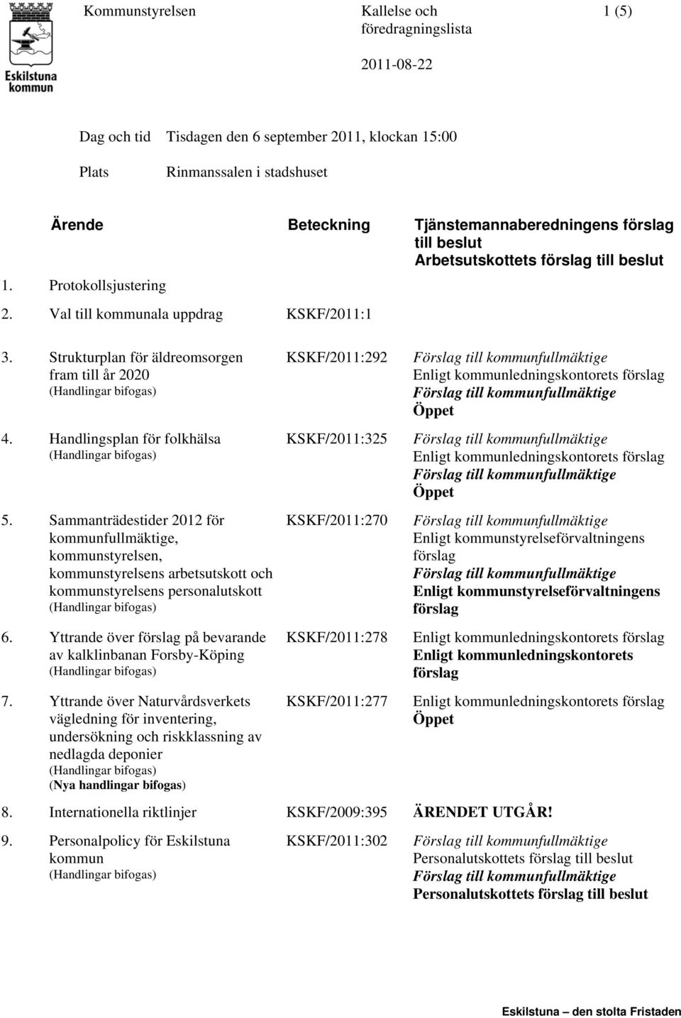 Sammanträdestider 2012 för kommunfullmäktige, kommunstyrelsen, kommunstyrelsens arbetsutskott och kommunstyrelsens personalutskott 6. Yttrande över på bevarande av kalklinbanan Forsby-Köping 7.