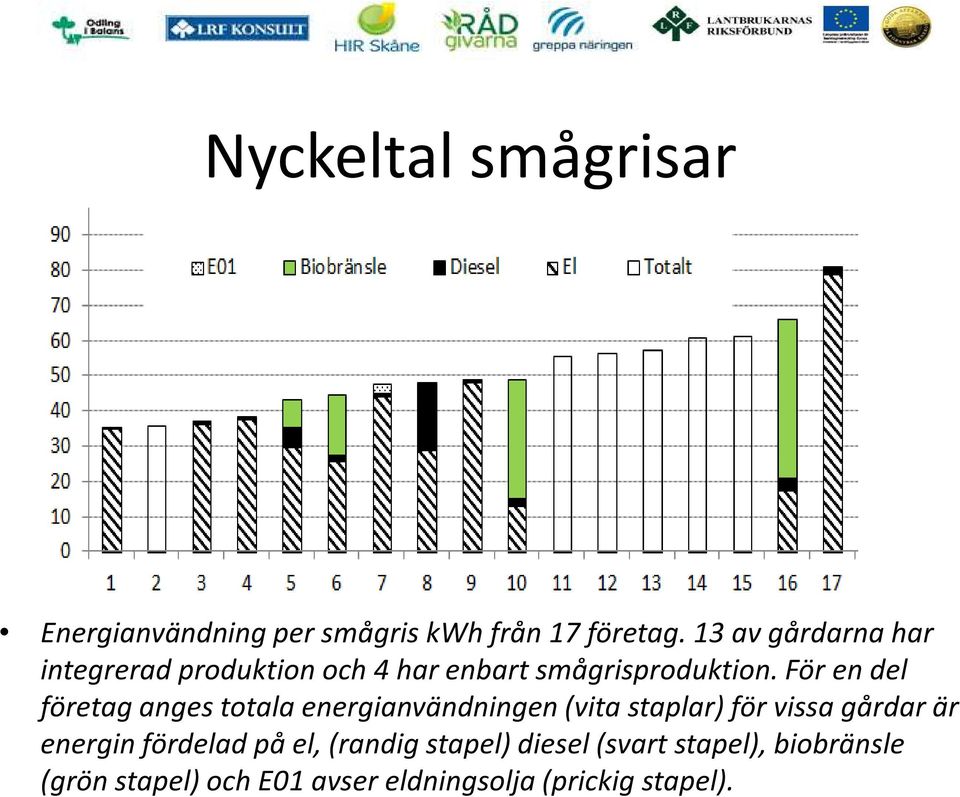 För en del företag anges totala energianvändningen (vita staplar) för vissa gårdar är