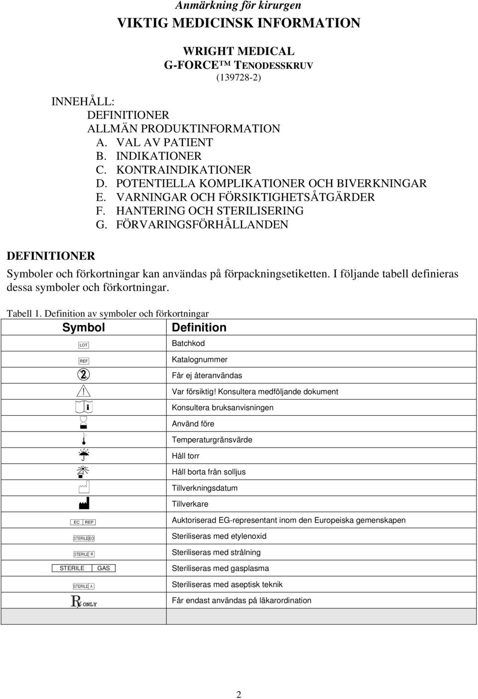 FÖRVARINGSFÖRHÅLLANDEN DEFINITIONER Symboler och förkortningar kan användas på förpackningsetiketten. I följande tabell definieras dessa symboler och förkortningar. Tabell 1.