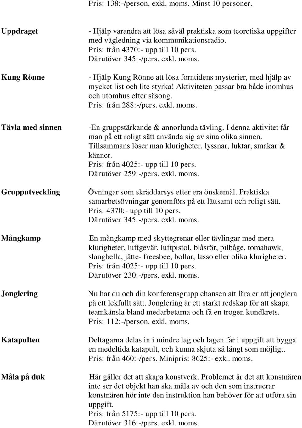 kommunikationsradio. Pris: från 4370:- upp till 10 pers. Därutöver 345:-/pers. exkl. moms. - Hjälp Kung Rönne att lösa forntidens mysterier, med hjälp av mycket list och lite styrka!