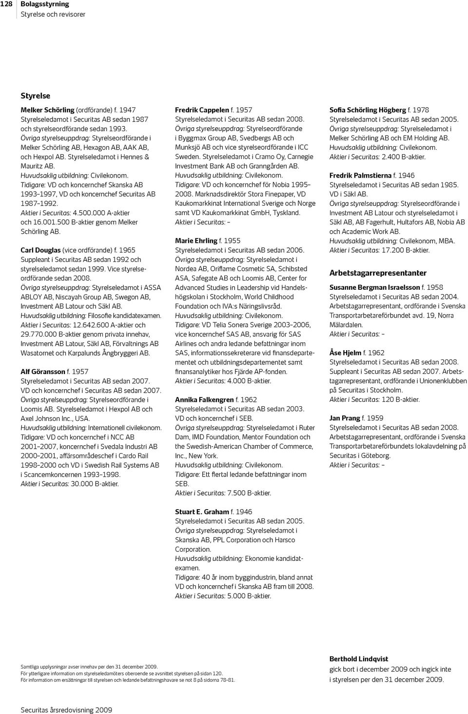 Tidigare: VD och koncernchef Skanska AB 1993 1997, VD och koncernchef Securitas AB 1987 1992. Aktier i Securitas: 4.500.000 A-aktier och 16.001.500 B-aktier genom Melker Schörling AB.