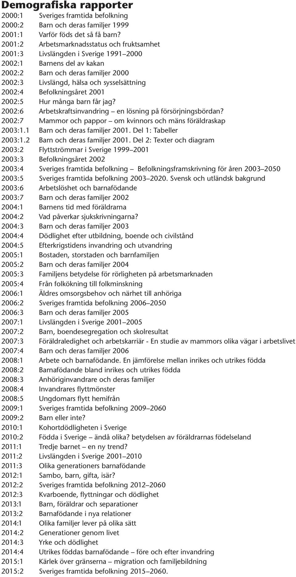 Befolkningsåret 2001 2002:5 Hur många barn får jag? 2002:6 Arbetskraftsinvandring en lösning på försörjningsbördan? 2002:7 Mammor och pappor om kvinnors och mäns föräldraskap 2003:1.