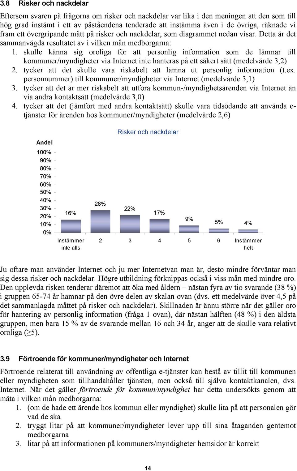 skulle känna sig oroliga för att personlig information som de lämnar till kommuner/myndigheter via Internet inte hanteras på ett säkert sätt (medelvärde 3,2) 2.