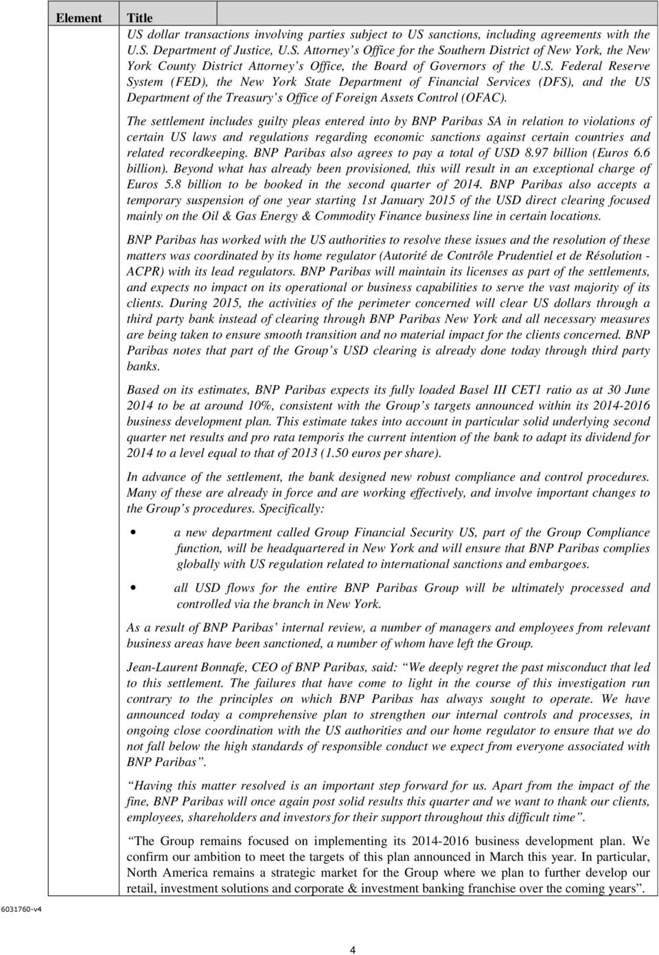 The settlement includes guilty pleas entered into by BNP Paribas SA in relation to violations of certain US laws and regulations regarding economic sanctions against certain countries and related