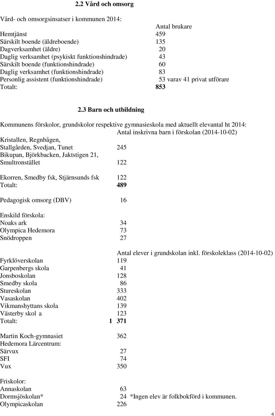 3 Barn och utbildning Kommunens förskolor, grundskolor respektive gymnasieskola med aktuellt elevantal ht 2014: Antal inskrivna barn i förskolan (2014-10-02) Kristallen, Regnbågen, Stallgården,