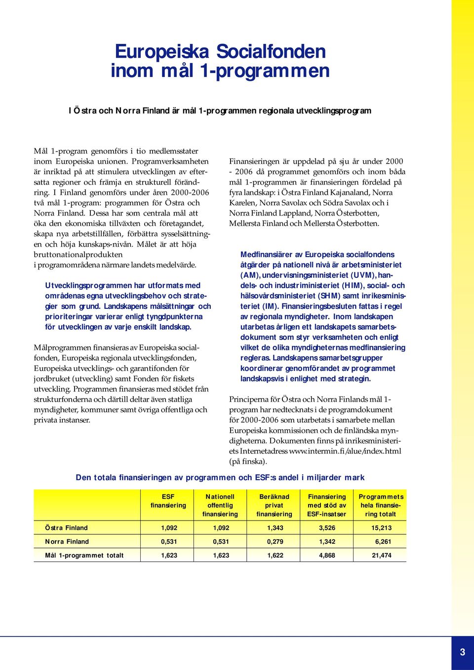 I Finland genomförs under åren 2000-2006 två mål 1-program: programmen för Östra och Norra Finland.