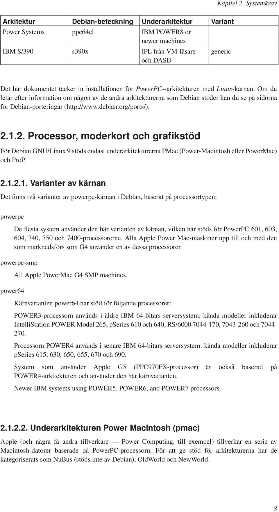 installationen för PowerPC--arkitekturen med Linux-kärnan. Om du letar efter information om någon av de andra arkitekturerna som Debian stöder kan du se på sidorna för Debian-porteringar (http://www.