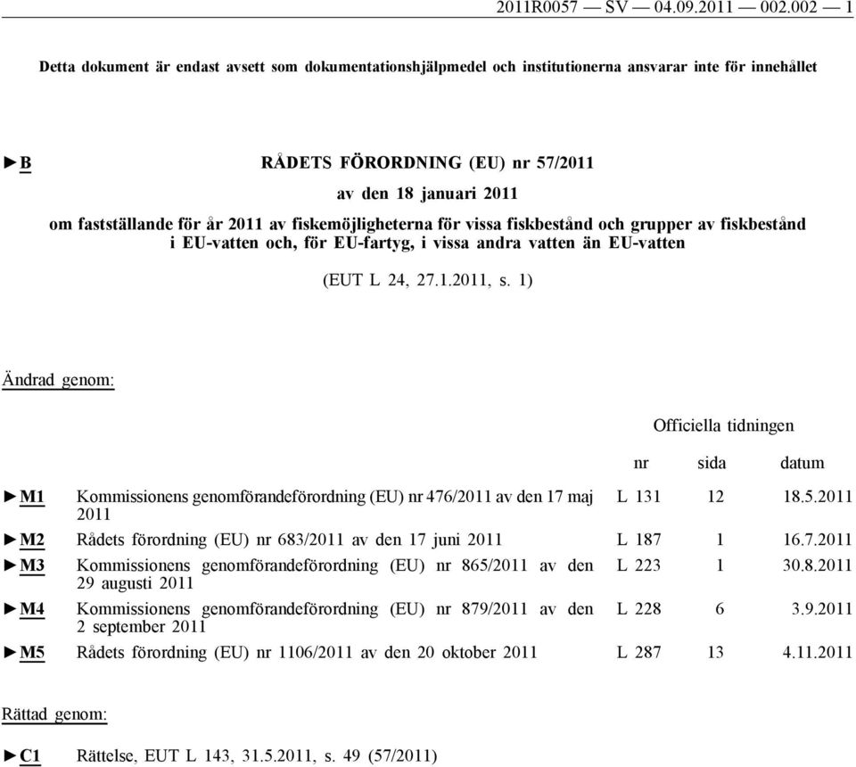 2011 av fiskemöjligheterna för vissa fiskbestånd och grupper av fiskbestånd i EU-vatten och, för EU-fartyg, i vissa andra vatten än EU-vatten (EUT L 24, 27.1.2011, s.