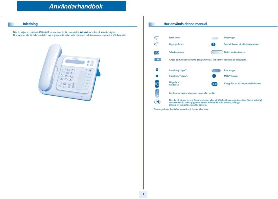 abc Sifferknappsats. Del av teckenfönstret. Anger att funktionen måste programmeras. Vid behov, kontakta en installatör. Inställning lägre. Inställning högre. Högtalare, handsfree. Fast knapp.