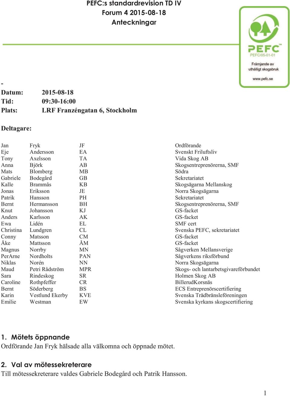 Hermansson BH Skogsentreprenörerna, SMF Knut Johansson KJ GS-facket Anders Karlsson AK GS-facket Ewa Lidén EL SMF cert Christina Lundgren CL Svenska PEFC, sekretariatet Conny Matsson CM GS-facket Åke
