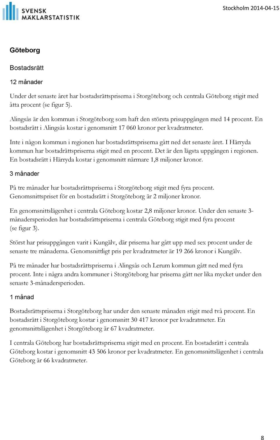 Inte i någon kommun i regionen har bostadsrättspriserna gått ned det senaste året. I Härryda kommun har bostadrättspriserna stigit med en procent. Det är den lägsta uppgången i regionen.