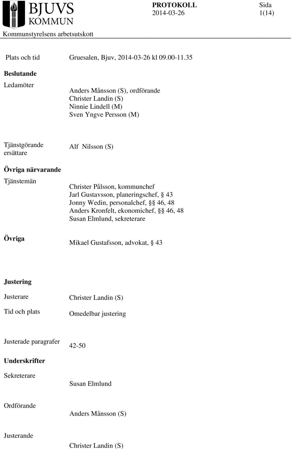 Tjänstemän Alf Nilsson (S) Christer Pålsson, kommunchef Jarl Gustavsson, planeringschef, 43 Jonny Wedin, personalchef, 46, 48 Anders Kronfelt, ekonomichef, 46,