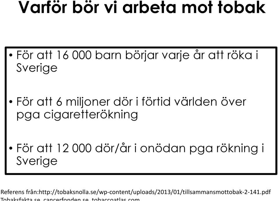 dör/år i onödan pga rökning i Sverige Referens från:http://tobaksnolla.